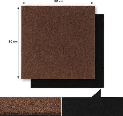 A square brown carpet tile is shown with dimensions indicated. A black shadow is cast behind it, and a close-up of the texture is shown below.