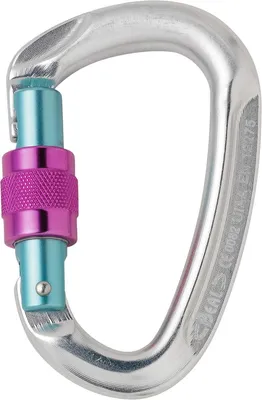 Karabiner Be One Screw von Beal; silber mit pinkem und blauem Verschluss; geeignet für Klettern.