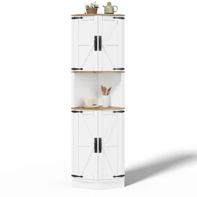 Produktbild von eckschrank 39,5x39,5x180 cm, 5 Staufächer, Vintage weiße Holzoptik, rustikaler Stil, platzsparend, Wohnzimmer Küche Essbereich, mit Kippschutz