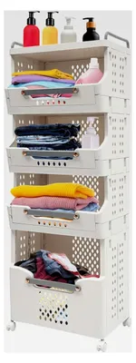 Produktbild von Wäschekorbwagen mit 4 Fächern, faltbarer Wäschekorb aus Kunststoff mit 360° Rollen und Griffen, für die Aufbewahrung von Wäsche im Badezimmer, 41,6 x 29,7 x 110,4 cm