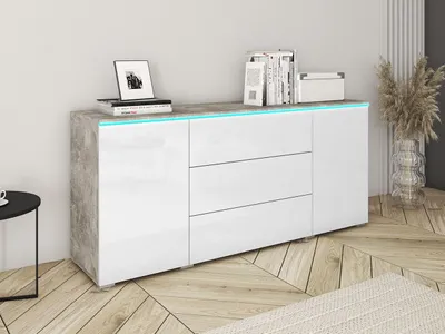 Obrázok produktu pre Kombinovaná komoda s bielym LED osvetlením AKASURI - betón / lesklá biela