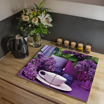 Produktbild von banjado Herdabdeckplatte zweiteilig je 30x52cm groß mit Gummi Abstandshalter, ESG Sicherheitsglas mit Motiv Flieder [HAP2 10085]