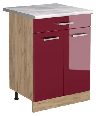 Zdjęcie produktu dla Szafki kuchenne Vicco R-Line Czerwony połysk/Dąb goldkraft 60 cm z szufladą blat roboczy Marmur, Model 61204