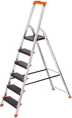 Rootz Trittleiter – Trittleiter mit 6 Stufen – klappbare Trittleiter – Tritthocker – Aluminium-Trittleiter – tragbare Trittleiter – Mehrzweck-Trittleiter – robuste Trittleiter – Metallic-Grau + Schwarz + Orange – 48,5 x 12 x 202 cm (L x B x H) .