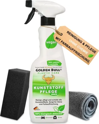 Produktbild von Golden Bull® Kunststoffpflege Set - Natürliche Kunststoff Pflege und Cockpit Reiniger für Auto Innenraum mit Schwamm und Tuch