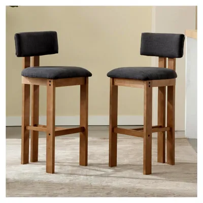 Produktbild von 2er Set Barhocker aus Leinen, Holz Barstühle mit Rückenlehne, Vintage Tresenhocker für Küche und Bistro, Grau