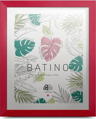 A red picture frame with a botanical print matting.