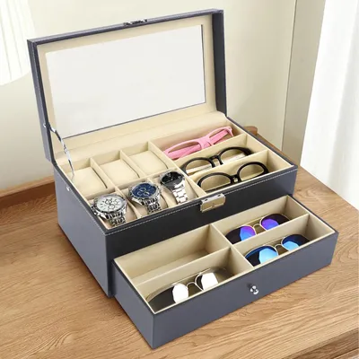 Produktbild von Uhren- & Brillenbox - Aufbewahrungsbox - 2 Ebenen, 6 Uhren, 9 Brillen, Kunstleder & Glas, 33,5×19×15,5 cm, Retro - Schwarz