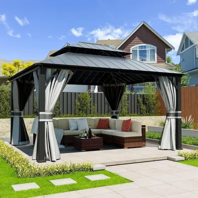 Produktbild von Gartenpavillon 3.65 x 4.25 m Wasserdicht Stabil Hardtop Doppeldach Aluminium Grau