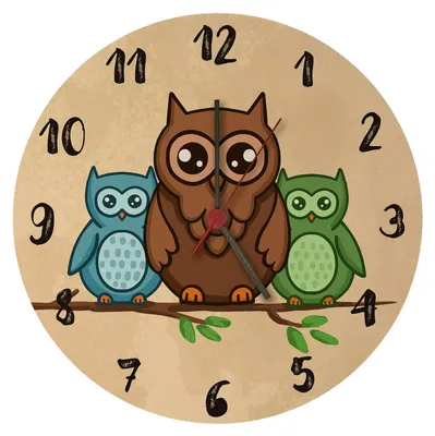 A round wall clock with a cartoon owl theme.