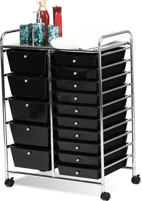 Produktbild von COSTWAY Rollwagen mit 15 stapelbaren Schubladen, Rollcontainer 63x37x87cm, schwarz
