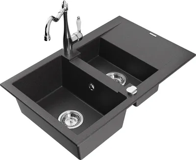 Produktbild von Mexen Gaspar 1,5-Becken-Granitspüle mit Abtropffläche und Mischbatterie Carla, Schwarz gesprenkelt - 6507-76-670700-00