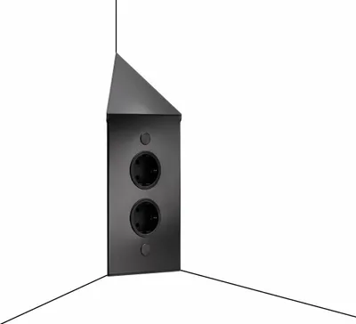A black corner power strip with two outlets is mounted in a white corner.