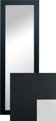 A tall, narrow mirror with a black frame is shown against a white background. A portion of the mirror is covered by a black L-shaped element.
