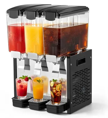 Image de Distributeur de boissons électrique VEVOR, capacité de 3 x 10 litres, température de 7-12 °C. Distributeur de jus avec réservoirs en plastique, idéal pour les restaurants, les hôtels, les bars et les kiosques. Équipé d'un agitateur pour un mélange homogène, d'un interrupteur de pression et d'un bac de récupération
