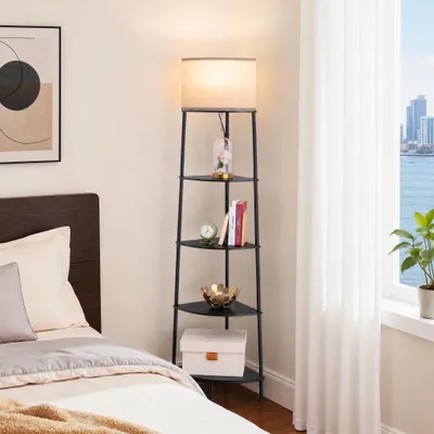 Produktbild von EDISHINE Stehlampe Wohnzimmer, LED Stehleuchte mit Regal und Leinen Lampenschirm, 2700K Warmweiß, 169,5 cm hohe Ecklampe für Schlafzimmer, Büro