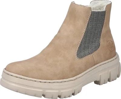 A single beige Chelsea boot with a thick sole is shown against a white background.