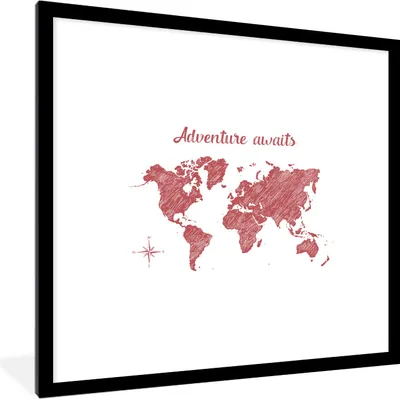 Produktbild von MuchoWow® MuchoWow® Gerahmtes Poster Weltkarte - Rot - Zitat 40x40 cm - Poster mit zchwarzem Bilderrahmen - Poster - Plakat im Rahmen
