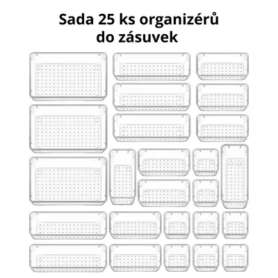 Obrázek produktu pro Sada 25 ks organizérů do zásuvek – průhledné plastové úložné boxy do kuchyně, koupelny, kanceláře a ložnice – make-up, šperky, drobnosti