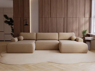 Produktbild von GrainGold Ecksofa U-Form Savana - Ecksofa mit Schlaffunktion, Bettkasten - Wohnlandschaft, Wohnzimmer Ecksofa - Eckcouch Hellbraun (Lambi 10)