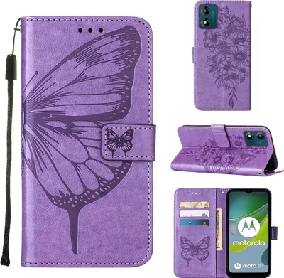 Produktbild von Lederhülle für Motorola Moto E13 Schmetterling Prägung Flip Ledertasche Kartenfächer Handyhülle mit Ständer Violett