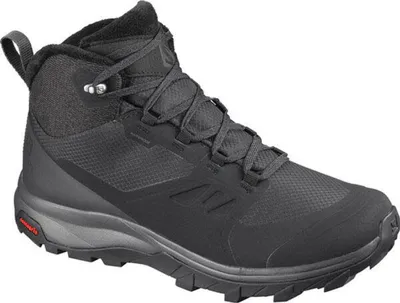 A single black winter boot is shown against a light gray background.