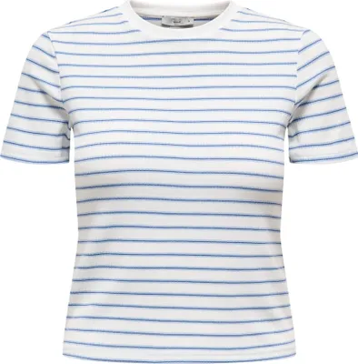 Immagine prodotto di Maglietta da donna ONLY - ONLLUPE STRIPE TEE, maniche corte, scollo rotondo, vestibilità slim, a righe bianche/blu XS