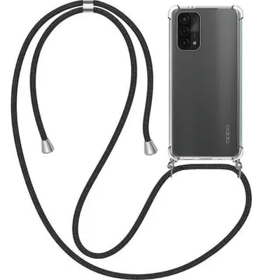 A smartphone with a clear case and a black lanyard is displayed against a white background.