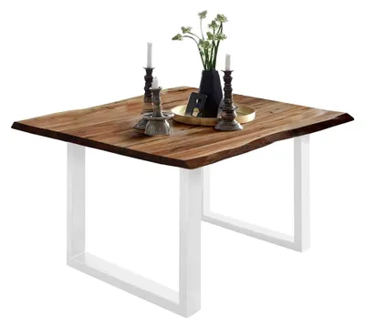 Produktbild von Esszimmertisch 90x90 cm ULM, Baumkantentisch naturfarben, Akazienholz massiv, U-Gestell aus weißem Metall