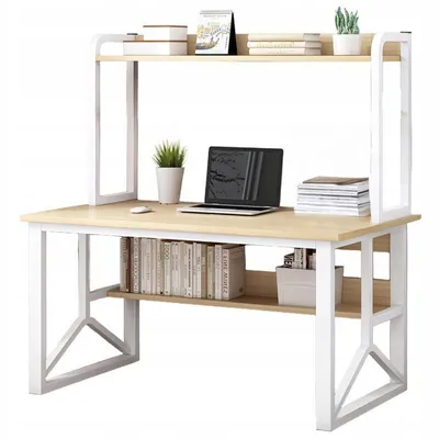 A computer desk with shelves and a laptop on it.