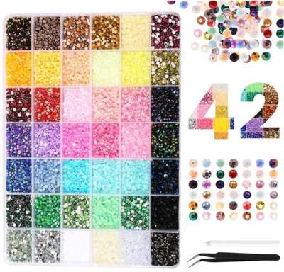 Produktbild von 42 Farben Strasssteine für Nägel - Nail Art Dekorationen - 32000 Teile - Klebstoff und Pinzette - für Kleidung, Bücher, Schuhe, Nägel, Kunst und