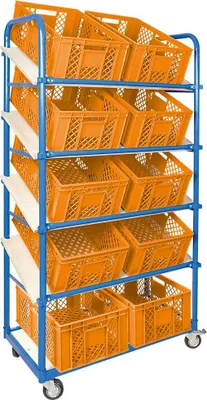 Produktbild von Schrägboden-Regalwagen mit 5 Ebenen, bestückt mit 10 Euroboxen durchbrochen 600x400x240 mm orange