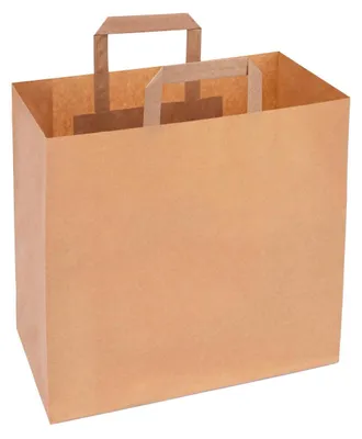 A brown paper shopping bag with handles, shown from a slightly elevated front-left angle against a white background.