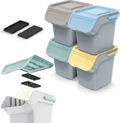 A collection of stackable trash bins with different colored lids, along with a separate bin showing a filter system and ventilation.
