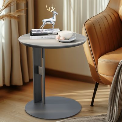 ARTLOGE Beistelltisch aus Sattelleder, Sofatisch Kaffeetisch Betttisch Pflegetisch Laptoptisch, C-Form, 46x50cm, Grau