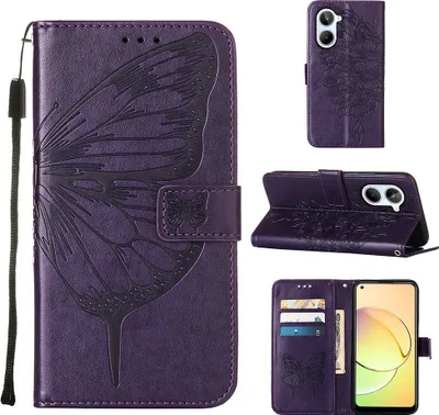 Produktbild von Lederhülle für Realme 10 4G Schmetterling Prägung Flip Ledertasche Kartenfächer Handyhülle mit Ständer Lila