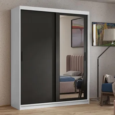Image de BEAUTYSOFA Armoire HELA 160 cm - armoire à deux portes avec portes coulissantes, armoire avec miroirs, tringle de penderie et 2 tiroirs, (blanc + noir)