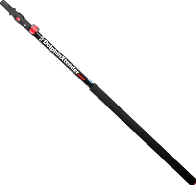 A telescopic pole with a black grip and red and blue accents, labeled 'DolphinXtender'.