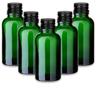 Produktbild von 5x Grüne Glasflasche 30 ml mit schwarzem Aluminium Schraubverschluss