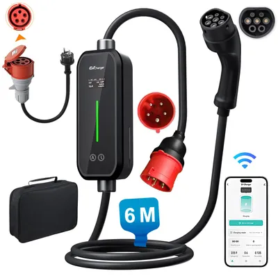 Produktbild von 11KW EV Ladegerät Typ 2 mit App Steuerung, Mobile Wallbox 16A, 6m Ladekabel, 11kW auf 3.5kW CEE Adapter, 6/8/10/13/16A, LCD Display, IP65, Tasche