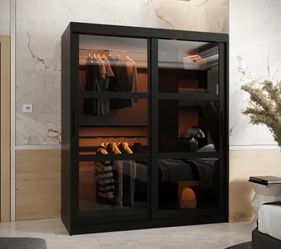 Produktbild von Schiebetürenschrank DEMO 150 mit LED - Kleiderschrank mit Rauchglas - Schwarz - 150 x 200 x 62 cm