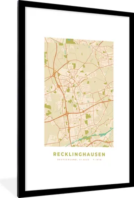 Produktbild von MuchoWow® Gerahmtes Poster Karte - Recklinghausen - Karte - Stadtplan - Vintage 60x90 cm - Poster mit Schwarzem Bilderrahmen Wandposter Rahmen Foto Bilder - Dekoration - Wandposter Wohnzimmer - Hochwertig