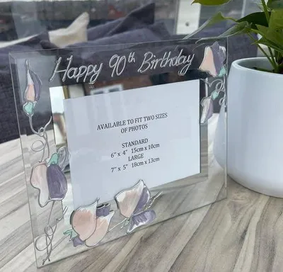 Fotoliste 90. Geburtstag, handbemalt, schwarz, 15x10 cm, Geschenkbox