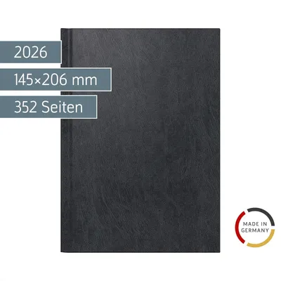 A black planner is shown against a white background with informational text overlays and a "Made in Germany" logo.