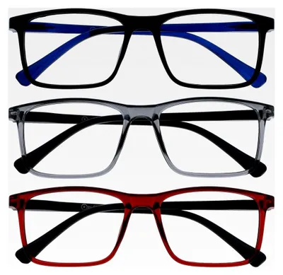 Produktbild von Ink Lesebrille - 3er Set - Großer Rechteckiger Rahmen - Kratzfest Schwarz Grau Rot für Herren und Damen - Federscharniere - +2.00