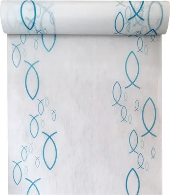 Produktbild von in due Tischläufer Vlies weiß-blau mit Fischen für Kommunion, Konfirmation & Taufe, 28 cm x 5 m, kürzbar