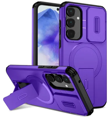 Image de Étui magnétique pour Samsung Galaxy A55, étui durable à deux couches avec protection coulissante de l'appareil photo et support réglable Violet