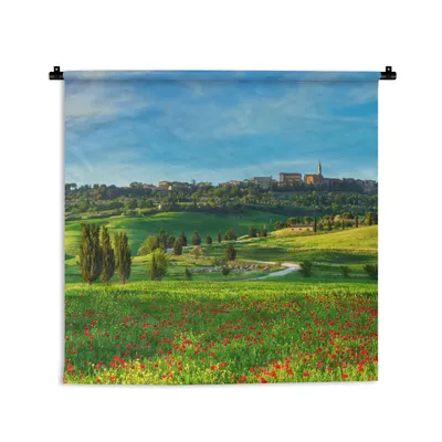 Produktbild von MuchoWow® Wandteppich Wandbehang Toskana - Landschaft - Blumen 90x90 cm Tapisserie Dekoration Wandtuch - Wandaufhänger