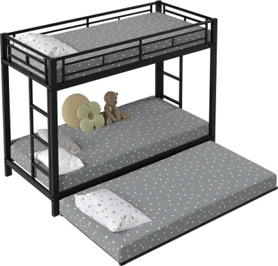 Produktbild von 90*200cm Etagenbett, Eisenrahmenbett, Kinderbett, ausgestattet mit Ausziehbett, hohe Geländer, EN747 , robuste Konstruktion, schwarz