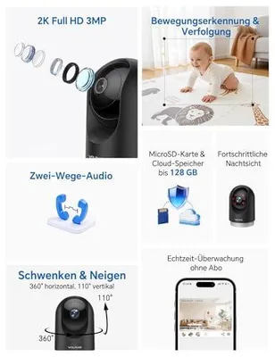 Zdjęcie produktu dla WOLFANG, kamera monitoringu wewnętrznego, rozdzielczość 2K, kamera Wi-Fi do użytku wewnętrznego z obrotem 360° i funkcją PTZ, automatyczne śledzenie